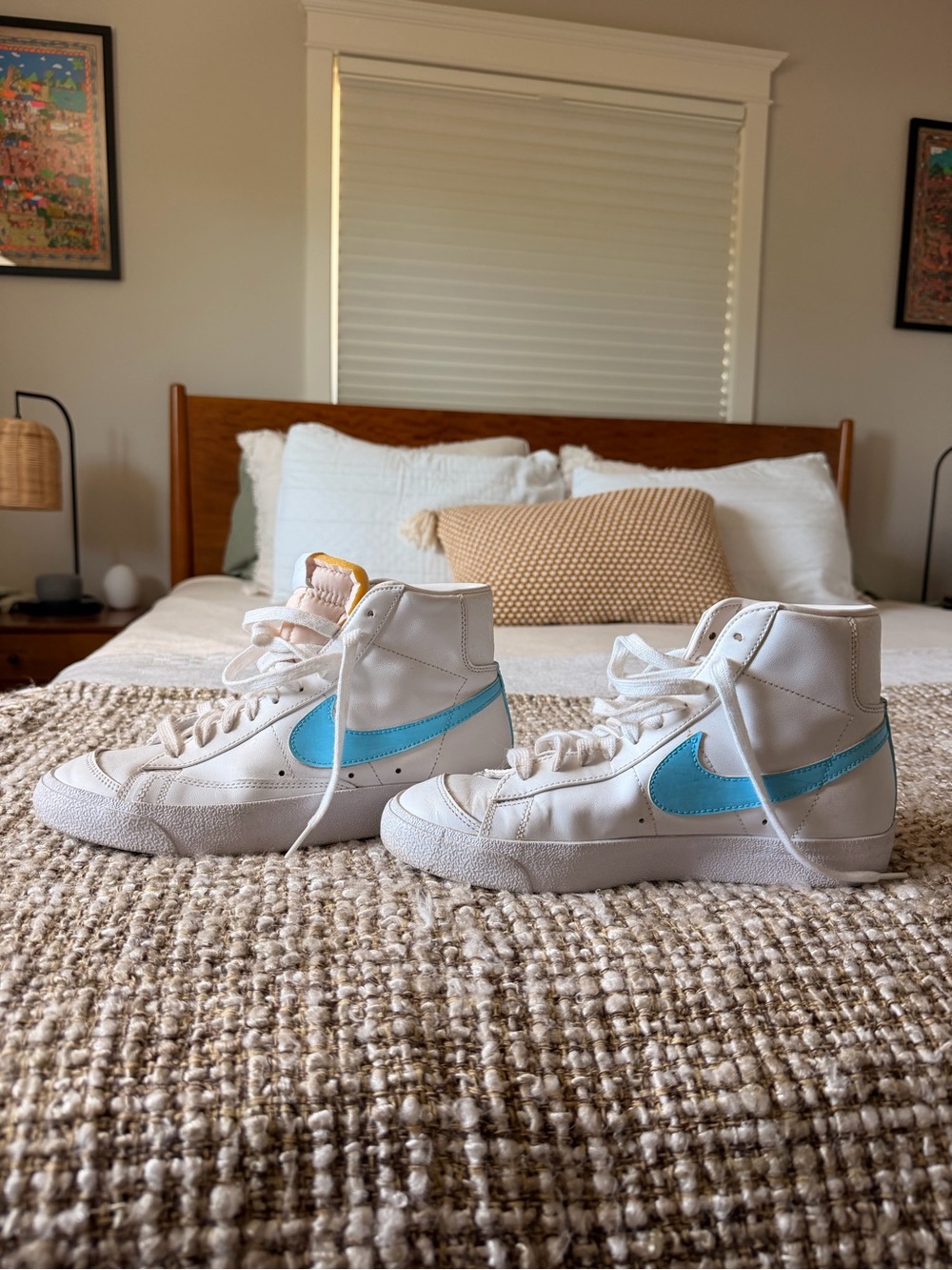 Nike High-Top Blazers in White with Light Blue Swoosh